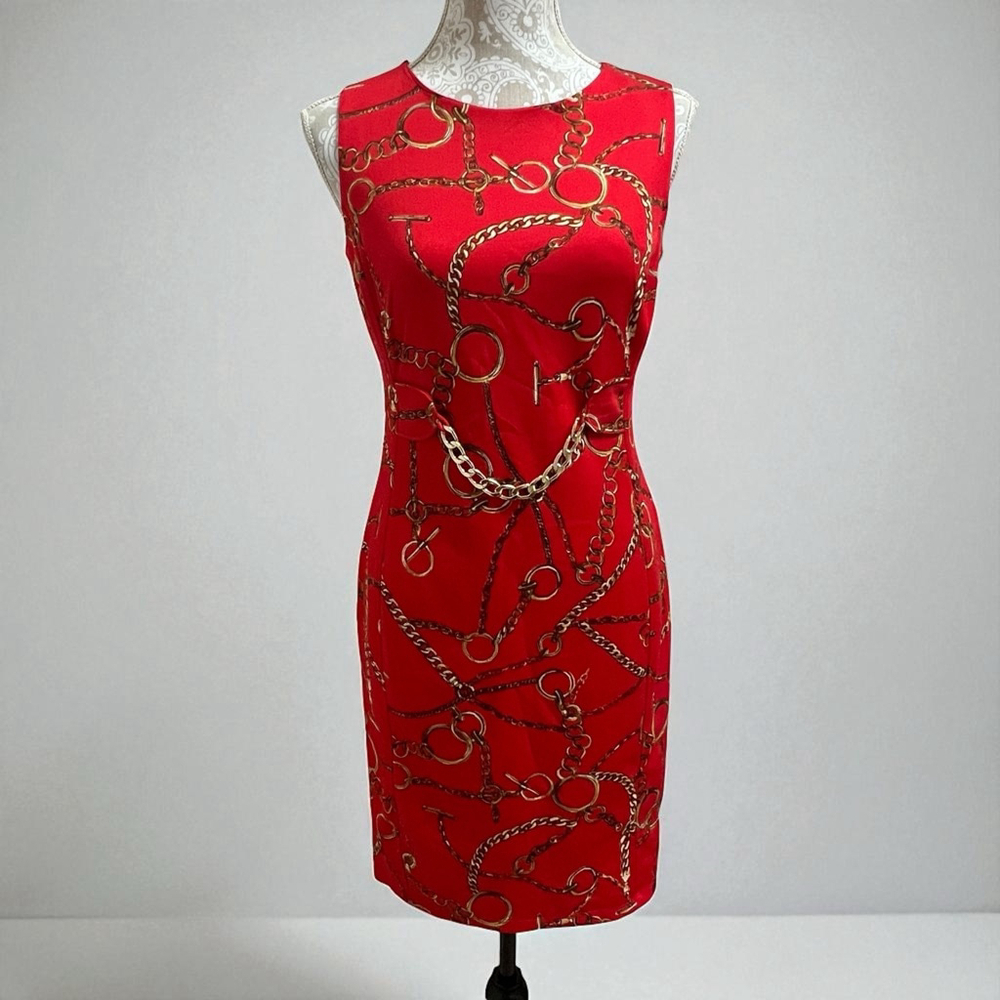 En Focus Studio Women’s Red Chain Print Sleeveless Sheath Dress Size 6